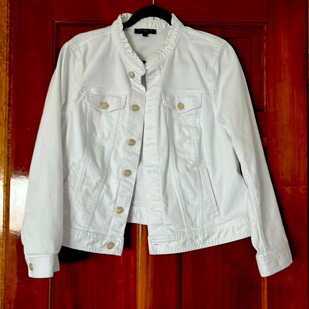 Talbots XLP White Ruffle Collar Jean Jacket